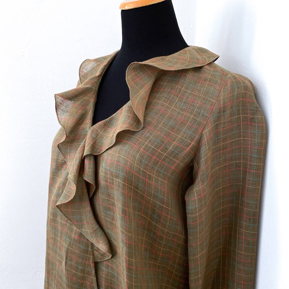 Vintage 70's Gucci Plaid Ruffle Front Shirt Top Long Sleeve Linen Brown Size 40 - Picture 2 of 7